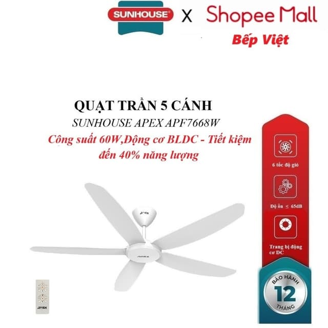 QUẠT TRẦN 5 CÁNH SUNHOUSE APEX APF7668W, Trang bị động cơ DC, Cánh quạt 3D sải rộng, Công suất 60W, điều khiển từ xa - Ảnh 9