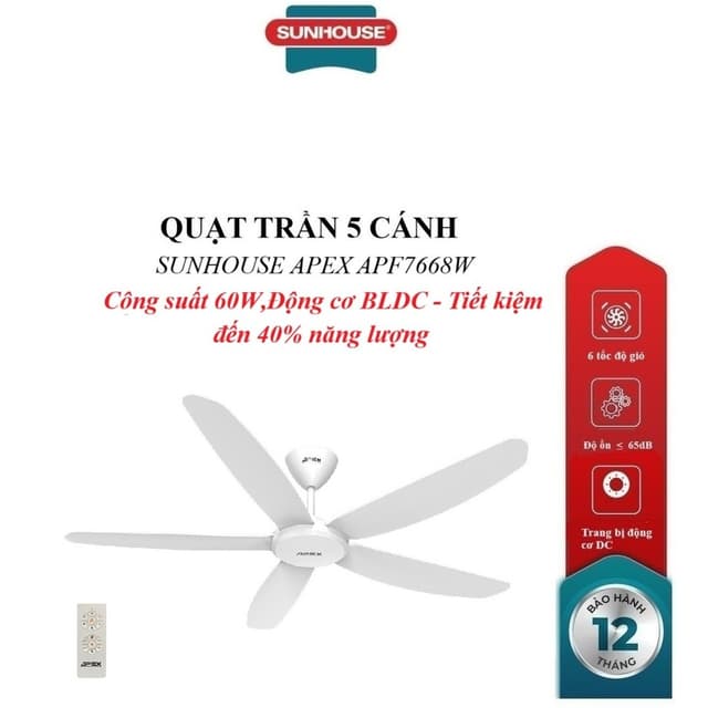 QUẠT TRẦN 5 CÁNH SUNHOUSE APEX APF7668W, Trang bị động cơ DC, Cánh quạt 3D sải rộng, Công suất 60W, điều khiển từ xa - Ảnh 7
