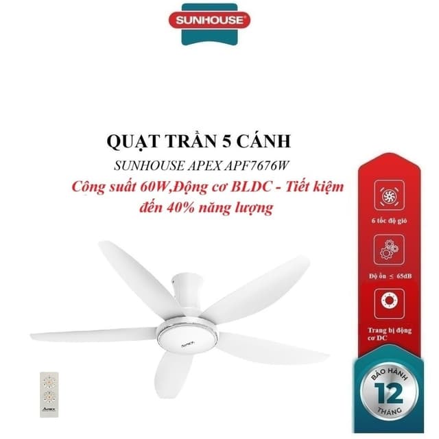 QUẠT TRẦN 5 CÁNH SUNHOUSE APEX APF7676W, Trang bị động cơ DC, 6 tốc độ gió, Công suất 60W, điều khiển từ xa - Ảnh 8