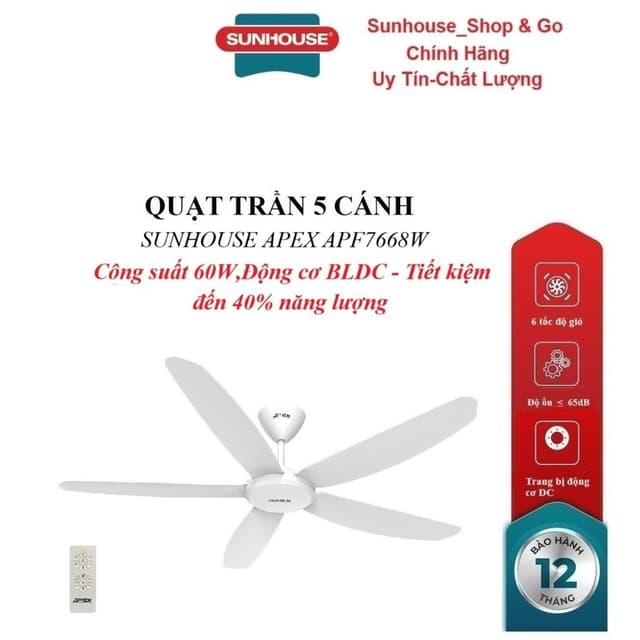 QUẠT TRẦN 5 CÁNH SUNHOUSE APEX APF7668W, Trang bị động cơ DC, Cánh quạt 3D sải rộng, Công suất 60W, điều khiển từ xa - Ảnh 10