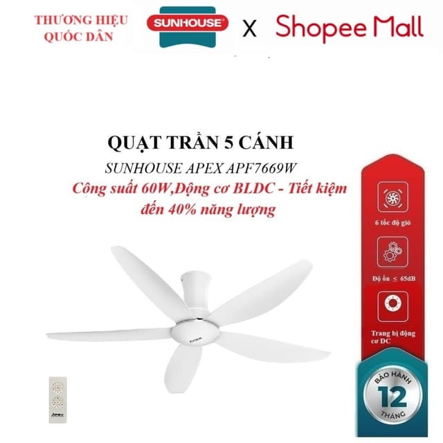 QUẠT TRẦN 5 CÁNH SUNHOUSE APEX APF7669W, Trang bị động cơ DC, 6 tốc độ gió, Công suất 60W, điều khiển từ xa - Ảnh 12