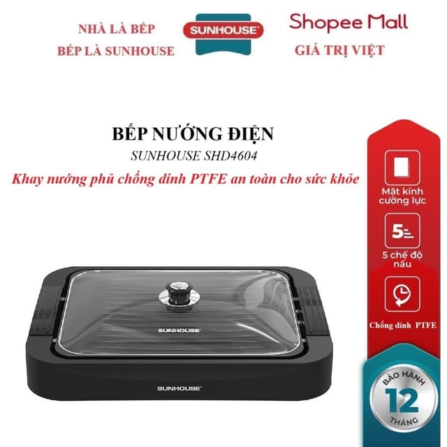 Bếp nướng điện Sunhouse SHD4604, Khay nướng phủ chống dính PTFE, 5 mức nhiệt nướng, Công suất 1700W, Nắp kính cường lực - Ảnh 8