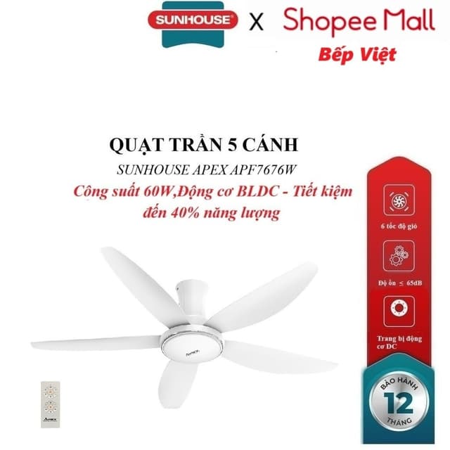 QUẠT TRẦN 5 CÁNH SUNHOUSE APEX APF7676W, Trang bị động cơ DC, 6 tốc độ gió, Công suất 60W, điều khiển từ xa - Ảnh 9