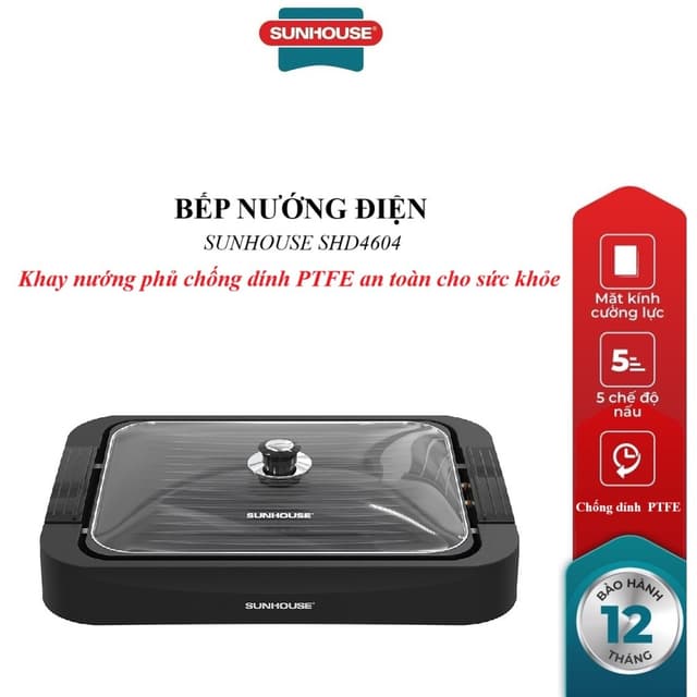 Bếp nướng điện Sunhouse SHD4604, Khay nướng phủ chống dính PTFE, 5 mức nhiệt nướng, Công suất 1700W, Nắp kính cường lực - Ảnh 10