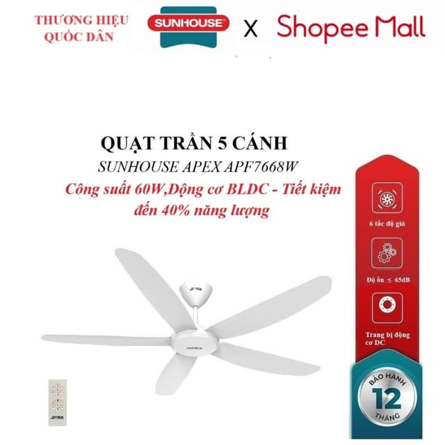 QUẠT TRẦN 5 CÁNH SUNHOUSE APEX APF7668W, Trang bị động cơ DC, Cánh quạt 3D sải rộng, Công suất 60W, điều khiển từ xa - Ảnh 11
