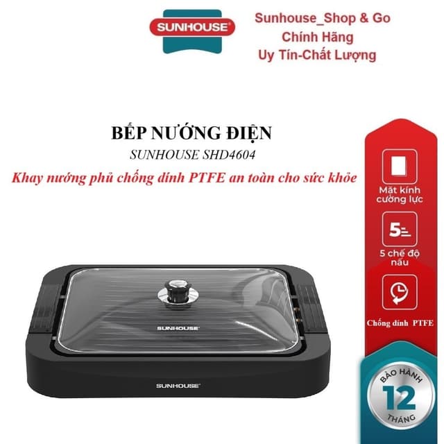 Bếp nướng điện Sunhouse SHD4604, Khay nướng phủ chống dính PTFE, 5 mức nhiệt nướng, Công suất 1700W, Nắp kính cường lực - Ảnh 9