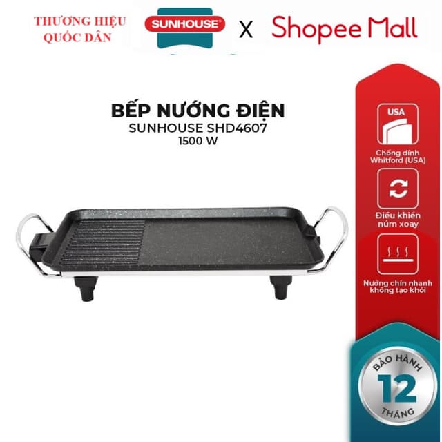 Bếp nướng điện SUNHOUSE SHD4607, Công suất 1500 W, Không sinh ra khói, Bề mặt phủ chống dính 2 lớp siêu bền - Ảnh 4