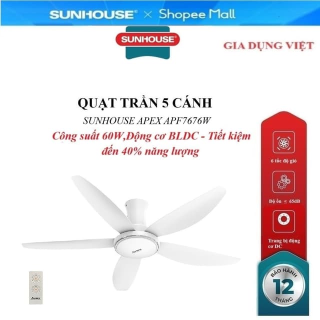 QUẠT TRẦN 5 CÁNH SUNHOUSE APEX APF7676W, Trang bị động cơ DC, 6 tốc độ gió, Công suất 60W, điều khiển từ xa - Ảnh 10