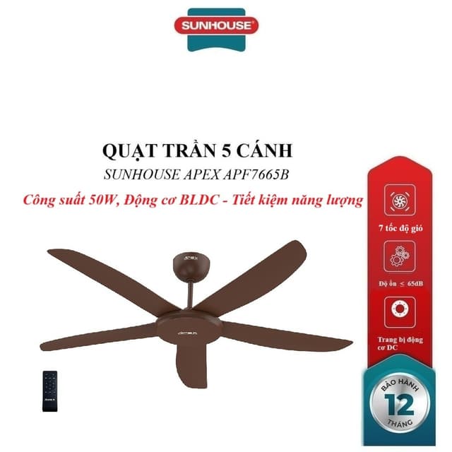 QUẠT TRẦN 5 CÁNH SUNHOUSE APEX APF7665B, Trang bị động cơ DC, 7 tốc độ gió, Công suất 50W, điều khiển từ xa - Ảnh 9
