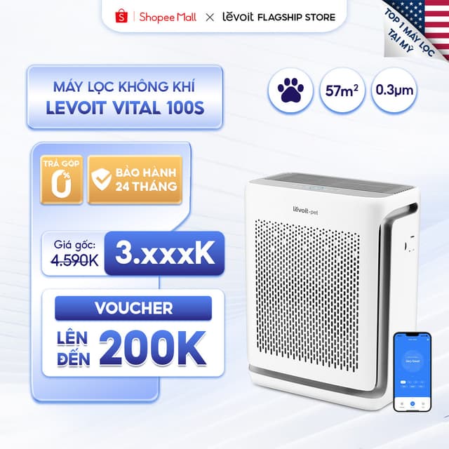 Máy Lọc Không Khí Cho Thú Cưng Levoit Vital 100S 57m2 | Lọc bụi mịn - Khử mùi, hút lông - Đèn cảm biến chất lượng - Ảnh 1
