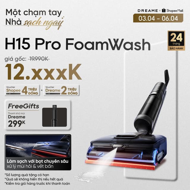 Dreame H15 Pro FoamWash/ H15 Pro/ H15 Pro Heat/ H16 Pro Steam Máy hút bụi lau sàn không dây | Giặt nóng | BH 24 tháng - Ảnh 11