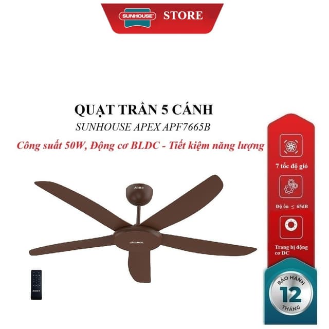 QUẠT TRẦN 5 CÁNH SUNHOUSE APEX APF7665B, Trang bị động cơ DC, 7 tốc độ gió, Công suất 50W, điều khiển từ xa - Ảnh 5