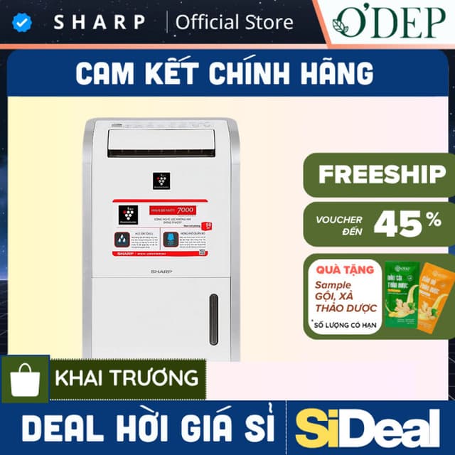 Máy hút ẩm Sharp lọc khí khử mùi sấy quần áo 20L cho phòng 50m² DW-D20A-W - SIDEAL SIO - Ảnh 1