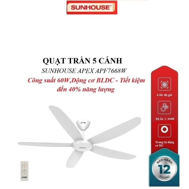 QUẠT TRẦN 5 CÁNH SUNHOUSE APEX APF7668W, Trang bị động cơ DC, Cánh quạt 3D sải rộng, Công suất 60W, điều khiển từ xa - Ảnh 9