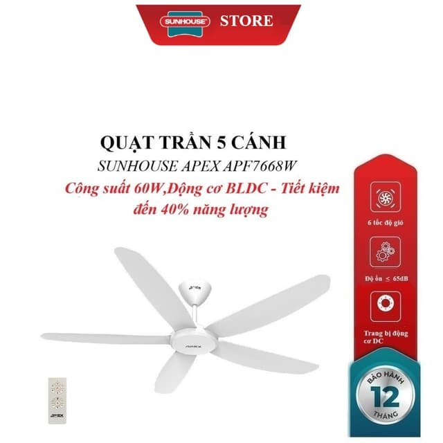 QUẠT TRẦN 5 CÁNH SUNHOUSE APEX APF7668W, Trang bị động cơ DC, Cánh quạt 3D sải rộng, Công suất 60W, điều khiển từ xa - Ảnh 10