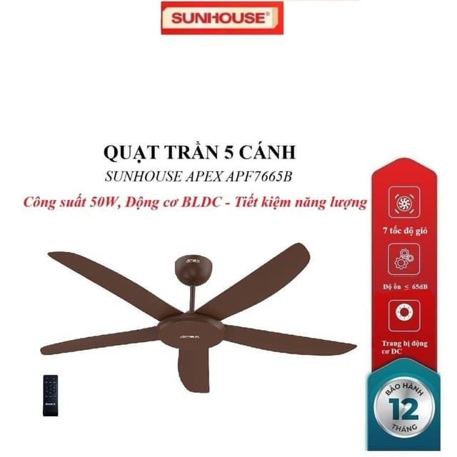 QUẠT TRẦN 5 CÁNH SUNHOUSE APEX APF7665B, Trang bị động cơ DC, 7 tốc độ gió, Công suất 50W, điều khiển từ xa - Ảnh 8
