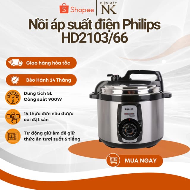 Nồi áp suất cơ Philips HD2103 /66 5 Lít - Công suất 900W - 14 chế độ nấu - Bảo Hành 24 Tháng - Ảnh 12