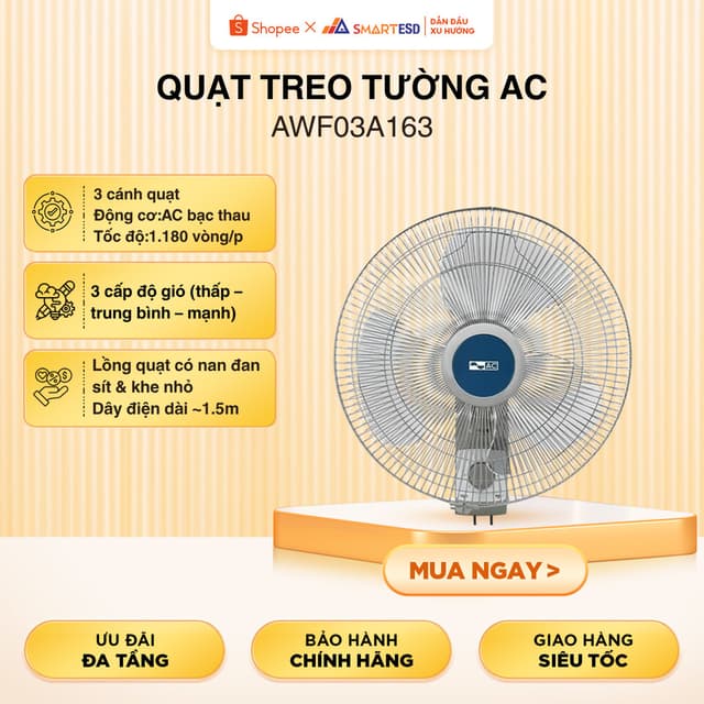 Quạt treo tường AC 3 cánh AWF03A163 55W - 3 mức gió - Bảo hành chính hãng - Ảnh 4