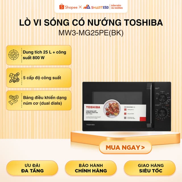 Lò vi sóng có nướng Toshiba MW3-MG25PE(BK) 25 lít, 800W -1000W, 9 mức công suất - Bảo hành 12 tháng - Ảnh 12