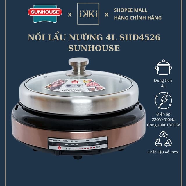 LẨU ĐIỆN SUNHOUSE 4 LÍT SHD4526 - Tích hợp 2 chức năng lẩu và nướng, Bảo hành chính hãng 12 tháng - Ảnh 9