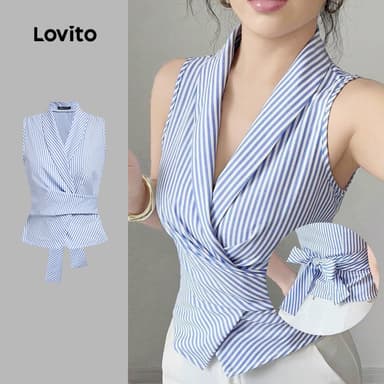So sánh giá Áo sát nách nữ Lovito xanh dương xẻ trước giả 2 trong 1 kẻ sọc phong cách thường ngày L135AD532 rẻ nhất?