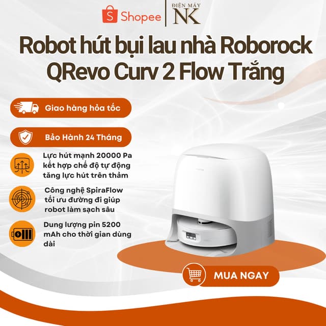 Robot hút bụi lau sàn Roborock Qrevo Curv 2 Flow | Lực hút 20000 Pa - Bảo Hành 24 Tháng - Ảnh 4
