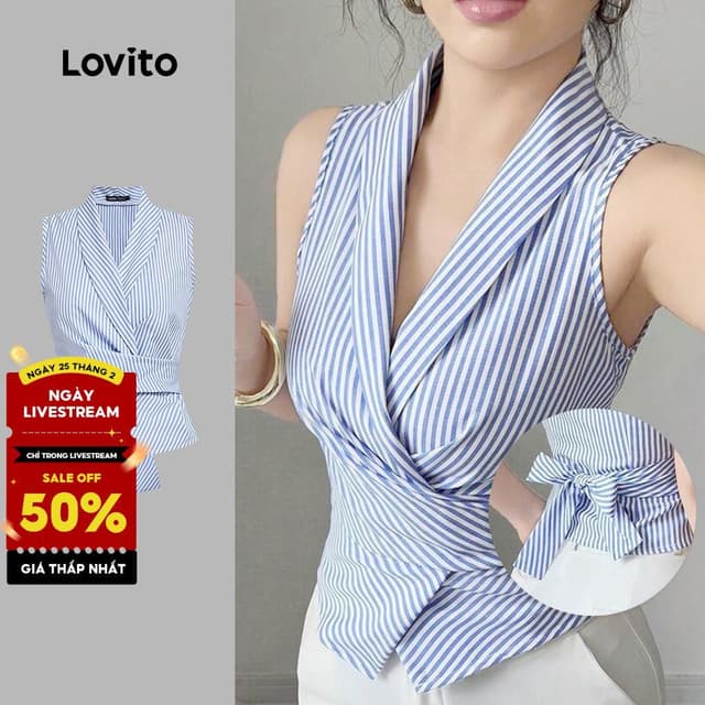 Áo sát nách nữ Lovito xanh dương xẻ trước giả 2 trong 1 kẻ sọc phong cách thường ngày L135AD532 - Ảnh 12