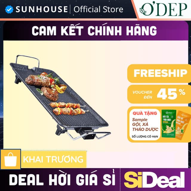 Bếp nướng điện Sunhouse SHD4607 1500W, chống dính đá hoa cương, gọn nhẹ 1.8kg - SIDEAL SIA - Ảnh 1