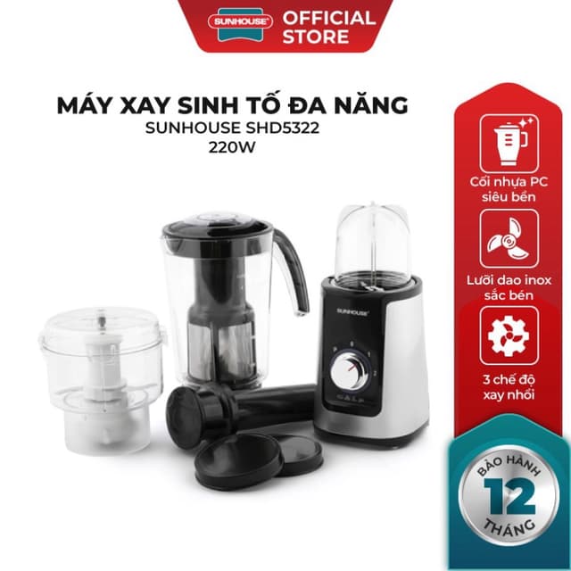 Máy xay sinh tố đa năng Sunhouse SHD5322 màu đen. Máy say sinh tố Sunhouse 3 cối. Sản phẩm chính hãng - Ảnh 10