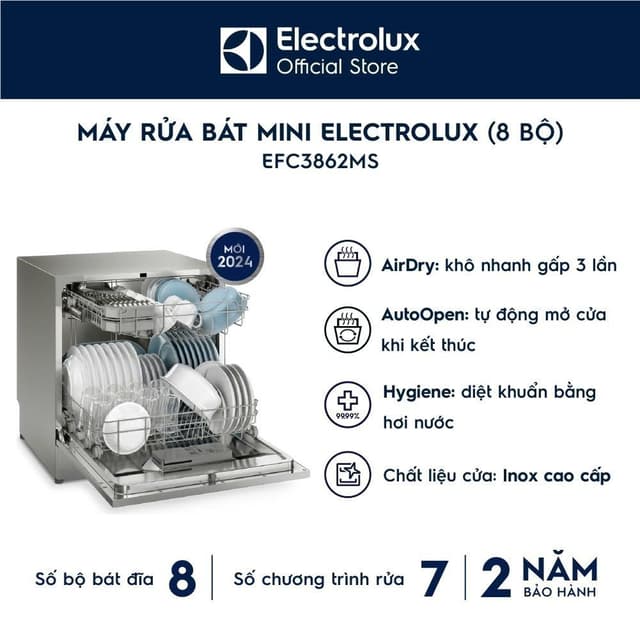 Free giao lắp - Máy rửa bát Mini 8 bộ Electrolux EFC3862MS - tự động mở cửa, sấy khô diệt khuẩn, tự vệ sinh - Ảnh 7