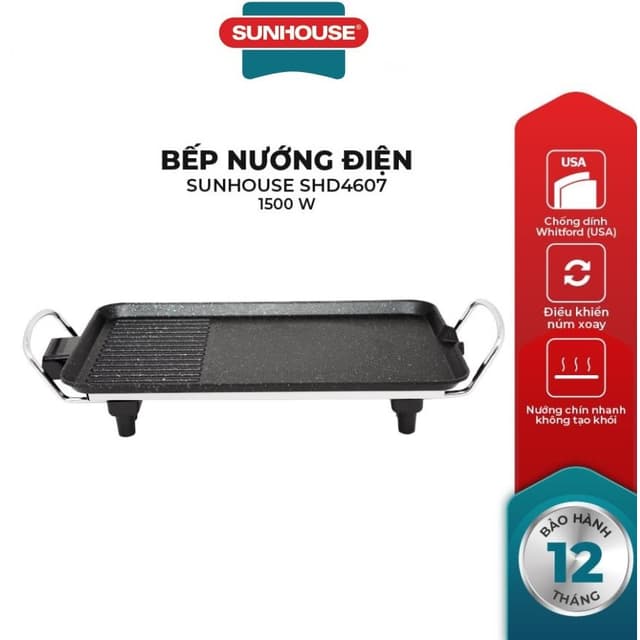 Bếp nướng điện SUNHOUSE SHD4607, Công suất 1500 W, Không sinh ra khói, Bề mặt phủ chống dính 2 lớp siêu bền - Ảnh 7