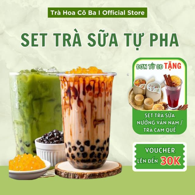 Set Trà Sữa Tự Pha Trân Châu Đường Đen, Nguyên Liệu Làm Trà Sữa Phúc Long, Matcha 10 vị 8-10 Ly TRÀ HOA CÔ BA - Ảnh 5