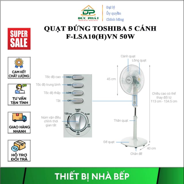 Quạt đứng Toshiba 5 cánh F-LSA10(H)VN 50W 3 tốc độ gió tùy chọn và hẹn giờ, điều khiển bằng nút nhấn - Ảnh 8