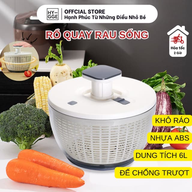 Rổ Quay Rau 6L Hygge Nhấn Nút Tự Động Chất Liệu Nhựa ABS | Dụng Cụ Vắt Rau Sống, Hoa Quả Tiện Ích - Ảnh 1