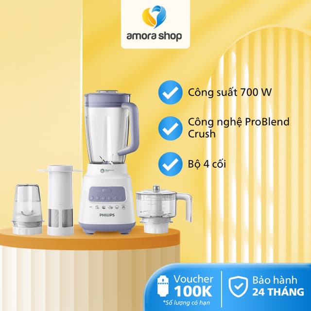 Máy Xay Sinh Tố Đa Năng PHILIPS HR2223 /00, Nhiều Phụ Kiện Xay, Công Suất 700 W, Bảo Hành 24 Tháng - Ảnh 3