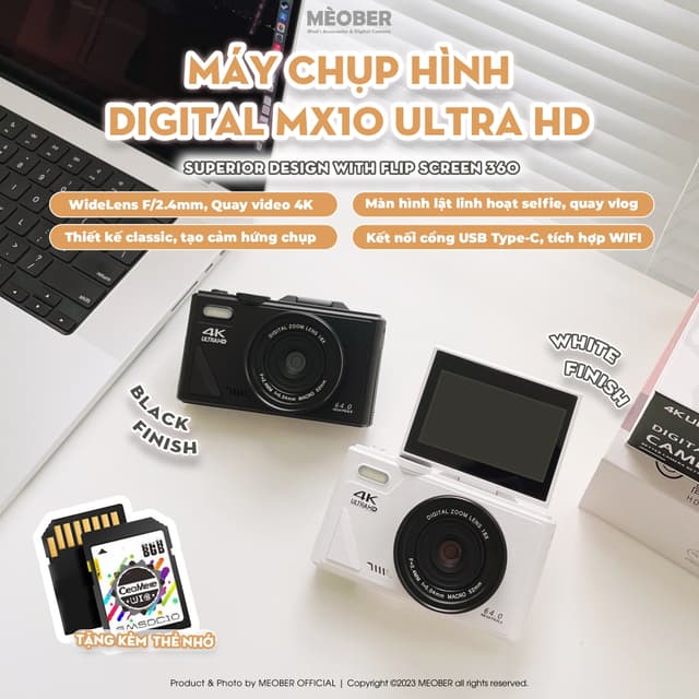 [Tặng thẻ nhớ] Máy Chụp Hình Digital MX10 UltraHD - Chụp giả lập màu phim 64MP, video 4K, màn hình lật, WiFi by MèoBer - Ảnh 4