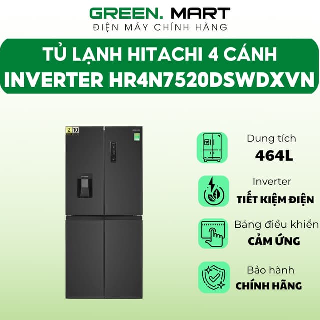 Tủ lạnh Hitachi Inverter 464 lít Multi Door HR4N7520DSWDXVN | Tủ lạnh 4 cánh lấy nước mát ở ngoài - Ảnh 10