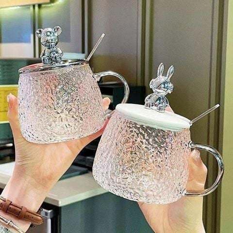 3345- Cốc hút ly thủy tinh tặng kèm nắp gấu,thìa 400ml - Ảnh 8