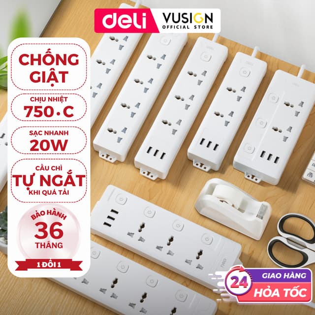 [HỎA TỐC] Ổ Cắm Điện DELI Chống Giật - Cháy 2-12 Lỗ Cắm Có Cầu Chì Công Suất 2500W Có Cổng TypeC USB - Ảnh 5