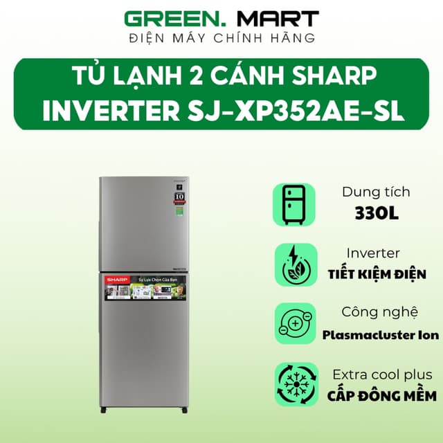 Tủ lạnh Sharp Inverter 330 lít SJ-XP352AE-SL | Tủ lạnh 2 cánh có ngăn đông mềm công nghệ Inverter - Ảnh 1