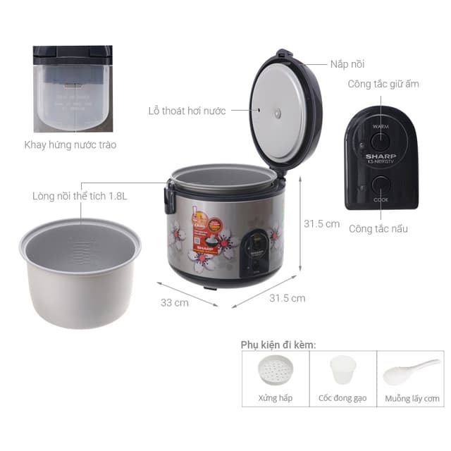 Nồi cơm nắp gài Sharp 1.8 lít KS-NR191STV, 2.2 lít KS-R231STV công suất 700w, sản xuất tại thái lan hàng chính hãng - Ảnh 8