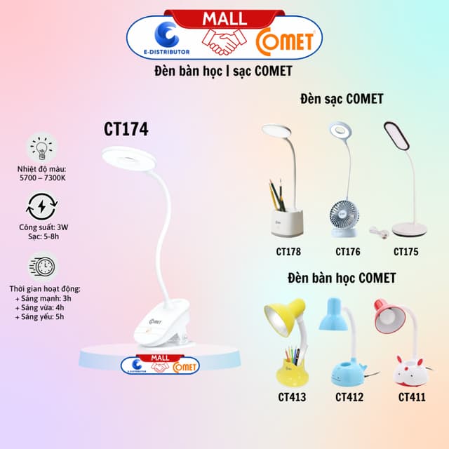 [HỎA TỐC] Đèn bàn sạc Led CT174/CT175/CT176/CT178 - Đèn bàn học CT411/CT412/CT413 COMET - Hàng chính hãng - Ảnh 2