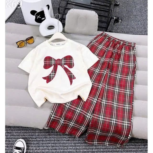 SÉT BỘ QUẦN DÀI ÁO THUN BÉ GÁI ( HỌA TIẾT NƠ Ô VUÔNG ) chất vải mềm mịn size 9-45 kg m65 - Ảnh 2