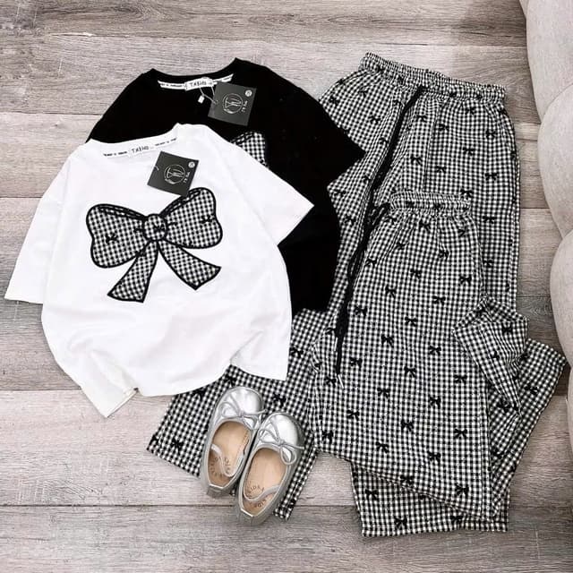 SÉT bộ quần dài áo thun bé gái (HỌA TIẾT NƠ LỤC GIÁC ) mềm mịn size 9-45 kg m8598 - Ảnh 3