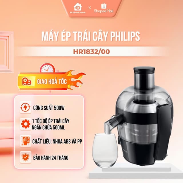 Máy ép trái cây Philips HR1832/00, HR1863/20, HR1811/71, Công suất 500W, ép trái cây nhanh chóng, 1 tốc độ ép, BH 2 năm - Ảnh 3