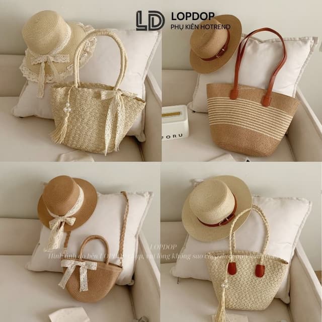 [XẢ HÀNG]Combo Mũ Túi Cói Du Lịch, Mũ Viền Ren Thắt Nơ Vintage Thích Hợp Đi Biển Đi Du Lịch T17M17 LOPDOP - Ảnh 5