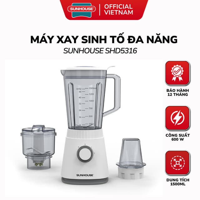 Máy Xay Sinh Tố Đa Năng SUNHOUSE SHD5316 - 600W, Bộ 3 Cối Siêu Bền, Bảo Hành 12 Tháng - Ảnh 4
