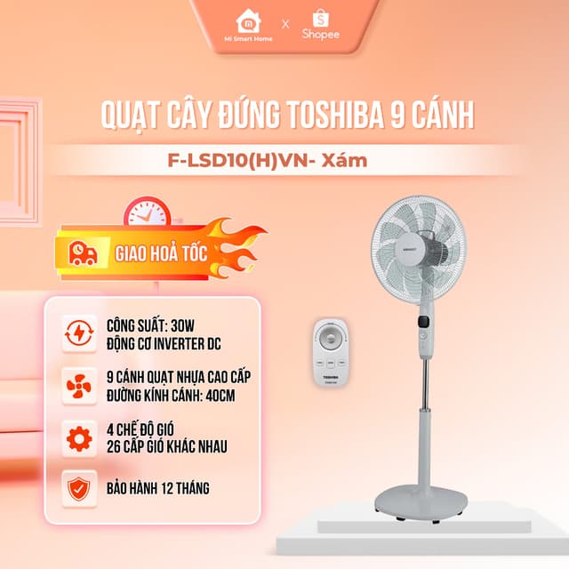 Quạt đứng Toshiba 9 cánh DC inverter F-LSD10(W)VN (trắng) - F-LSD10(H)VN (xám), công suất 30W, Có remote, Hẹn giờ tắt - Ảnh 5