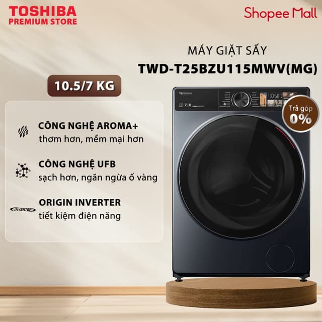 Máy Giặt Sấy Toshiba Inverter Giặt 10.5 kg - Sấy 7 kg TWD-T25BZU115MWV(MG) - Giặt Thông Minh - Màn Hình Màu - Ảnh 8