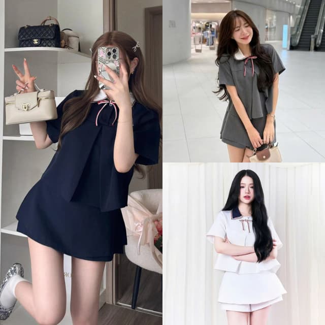 [Tặng Nơ] Set Áo Sơ Mi Cổ Cải Màu Kèm Quần Váy Phối Cổ Viền Kèm Dây Nơ Thome Kẻ Đỏ MS08 - Ảnh 1